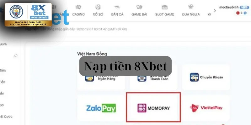 Hình thức nạp tiền 8xbet phổ biến trên nền tảng 